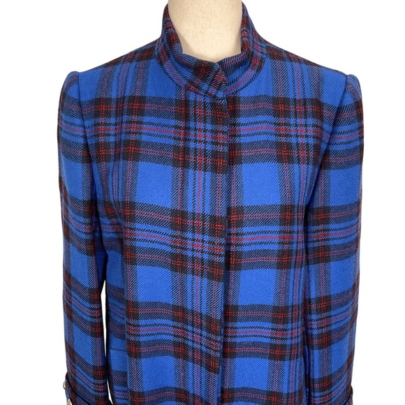 Albert Nipon Coat Women 8 Blue Red Tartan Plaid Long Wool 80s Statement - Picture 2 of 16